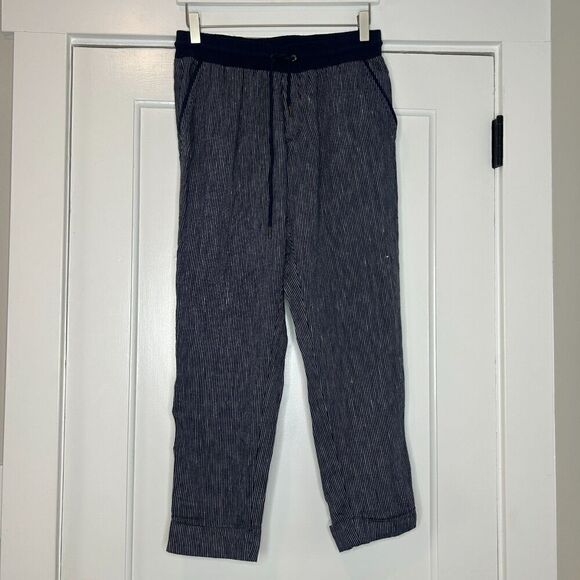 Athleta Striped Navy Blue Bali Linen Cropped Ankle Pants Size 4 - Picture 2 of 6